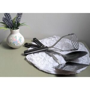 Vintage 3 Piece Stainless Steel Kitchen Utensil Set Black Riveted Handles